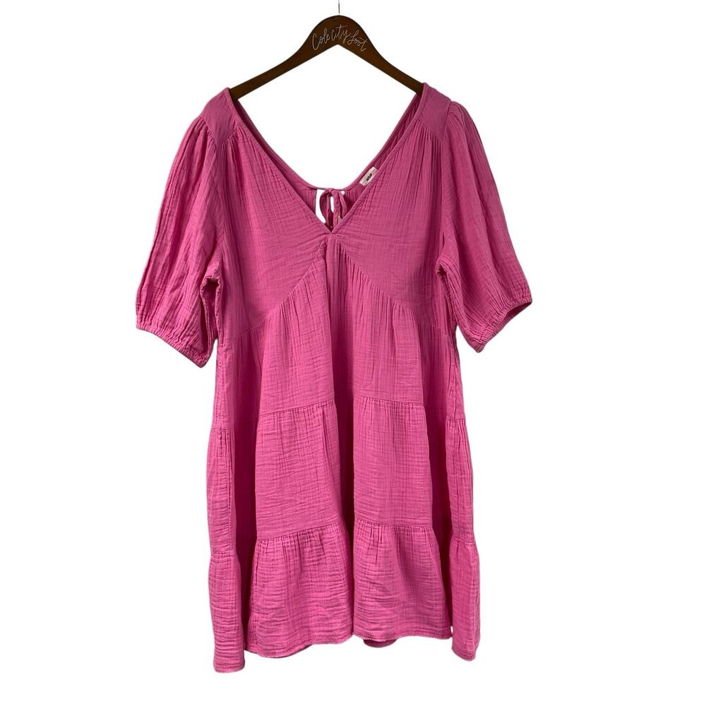 aerie Pink Gauzy Mini Dress XL V Neck Short Sleeve 100% Cotton Airy Comfy